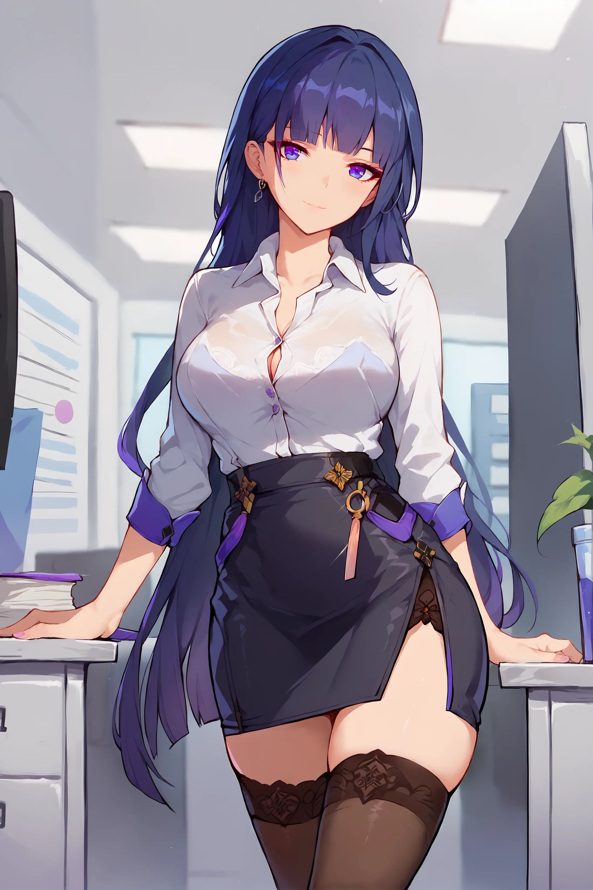 score_9, score_8_up, score_7_up, 1girl, raiden mei, solo, office lady, collared shirt, white shirt, pencil skirt, black thighhighs, looking at viewer, cowboy shot, light smile, office, indoors, depth of field  <lora:Char-Honkai-RaidenMei-V1-Pony:1>  <lora:style-nora_higuma:0.4> <lora:style-merrytail:0.4>