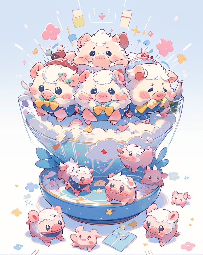 Best quality, (masterpiece:1.1576), (high resolusion:1.2155), (illustration:1.05) (ultra detailed 8k art:1.05), kawaii, (fluffy), cute, (micro pigs:1) , deformation, multiple Kawaii pigs,  lots of micro sized pigs