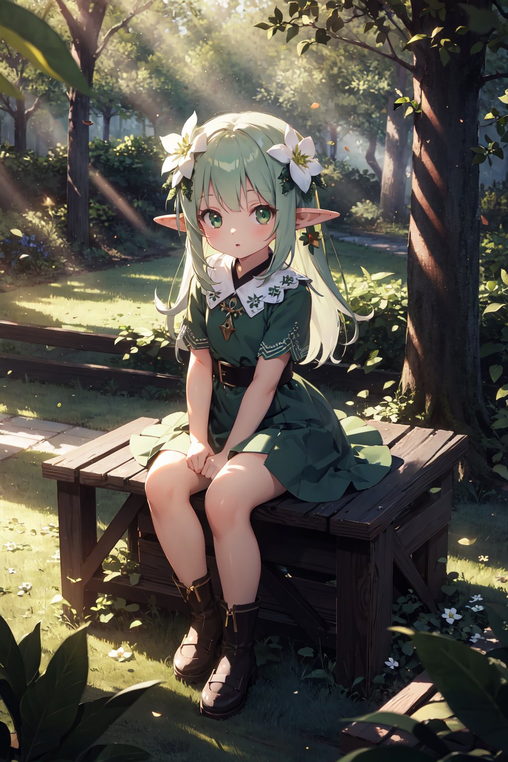 masterpiece,best quality,(ray tracing,cinematic lighting),loli,full body, sitting, looking at viewer, solo, 1girl, elf girl, long hair, green hair, [green|blue] eyes, dress, white hair flower, hair ornament, wind, leaf, tree, forest