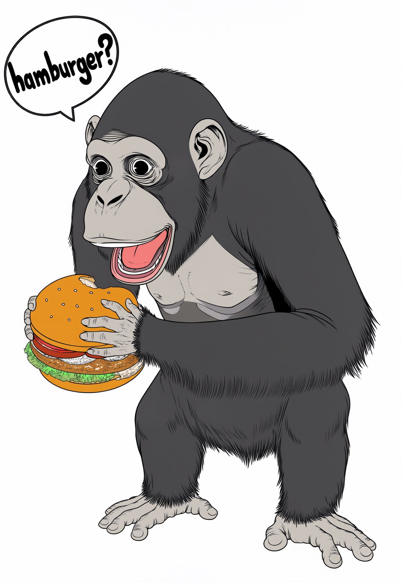 flat color,  chimpanzee,  speech bubble "hamburger?" by interfusor on Tensor.Art