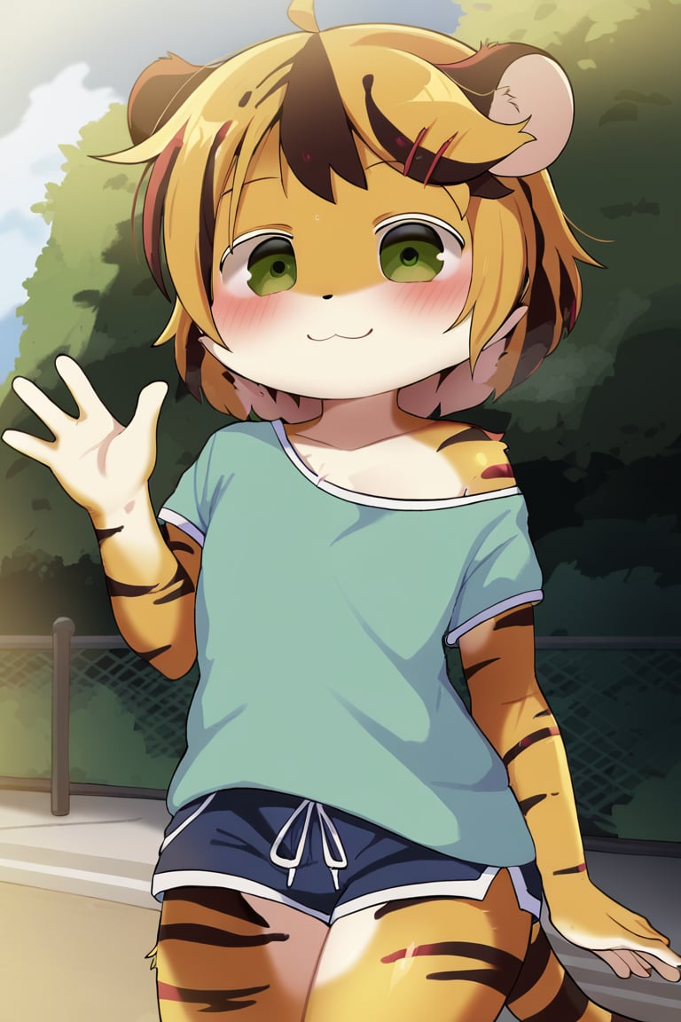 Solo, 1girl, female, animal nose, kohaku, furry, slender, multicolored hair, ahoge, orange hair, hair ornament, short hair, body fur, multicolored fur, orange fur, tiger girl, tiger ears, tiger stripes, tiger tail, green eyes, flat chest, cute face, detailed eyes, perfect eyes, perfect anatomy, detailed skin, detailed eyes, perfect hands, perfect face, smiling, 4 fingers, BREAK sleevess shirt, green shirt, short shorts, blue shorts, BREAK waving at viewer, standing, outdoors, park, colorful, looking at viewer, portrait, focus, BREAK ((ultra-detailed)), ((best quality)), ((best quality)), ((beautiful eyes)), ((extremely detailed)), 4K, (8K), best quality, (beautiful), Master piece, highres, score_9, score_8_up, score_7_up, score_6_up, score_5_up, score_4_up, colorful, best quality, official art, highres, masterpiece, nai3, god light, detailed background, high quality background, AddXL, <lora:more_details:1> <lora:light_sharp_style_magin3.1:1>  <lora:Kohaku_Dagashi_r1:1>