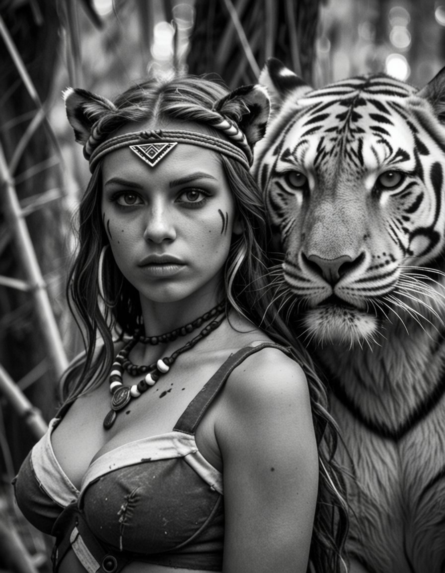 ehtrix,  a beautiful olive-skinned woman in barbarian clothes and a tiger in a jungle by Electric Dreams on Tensor.Art