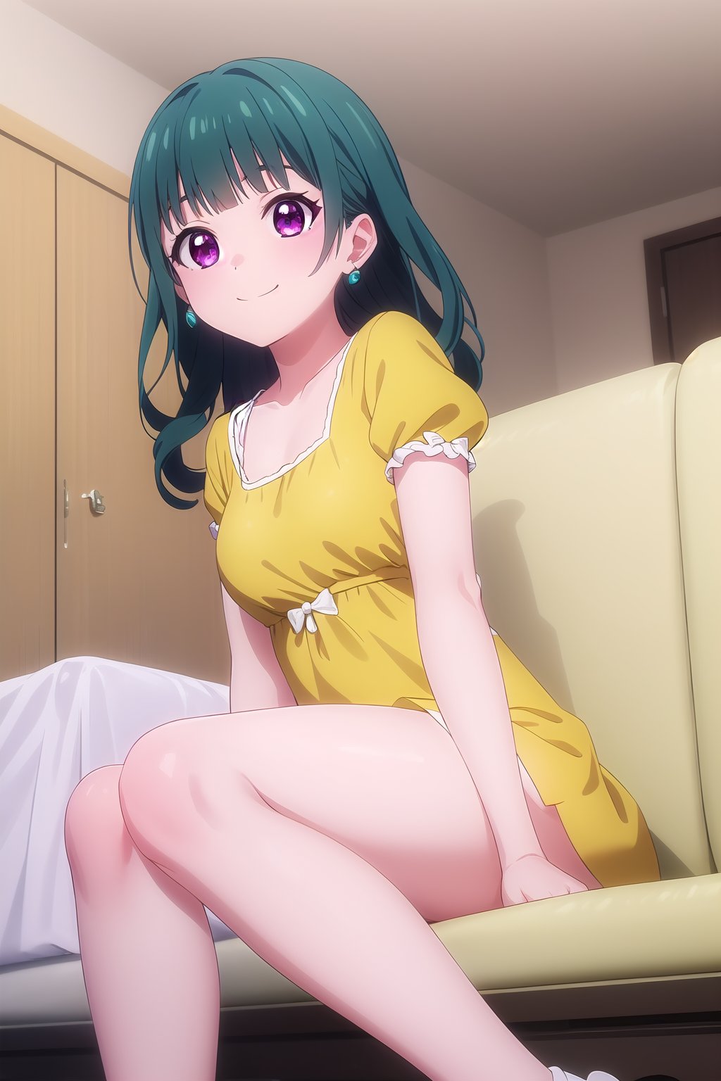 (masterpiece, best quality), highly detailed background, perfect lightingbest quality, mizusawaayaka, solo, indoors, bedroom, aqua hair, blunt bangs, long hair, sidelocks, purple eyes, earrings, small breasts, yellow dress, puffy short sleeves, white bow, white skirt, miniskirt, smile, closed mouth, :), <lora:Mizusawa-Ayaka:0.7>