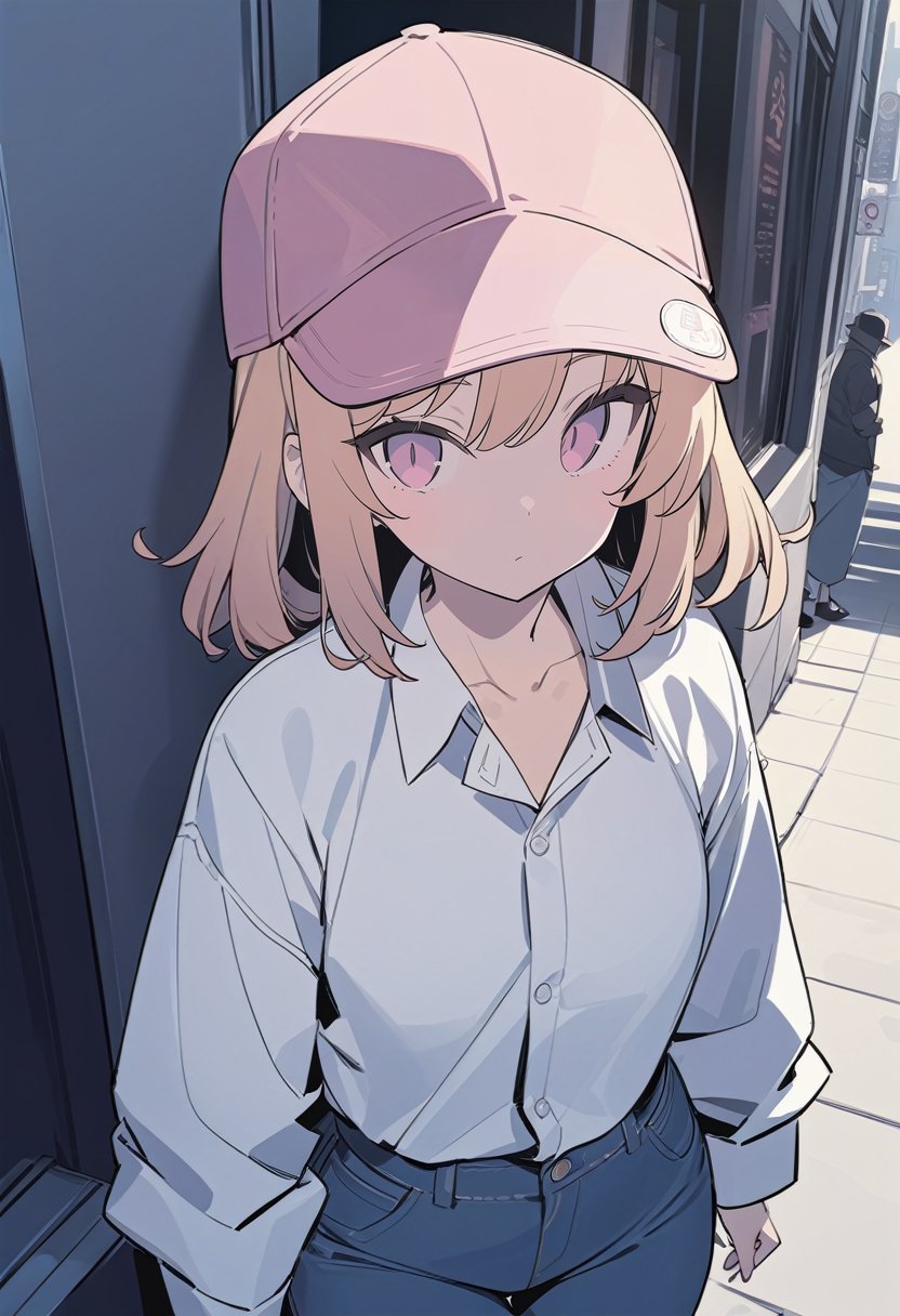 (art by blade \(galaxist\):0.7), solo, 1girl, cha hae-in, expressionless, looking at viewer, blonde hair, pink headwear, baseball cap, purple eyes, white shirt, collared shirt, jeans, collarbone, city street, masterpiece, best quality, rating: general, newest <lora:sololeveling_chaehae-in_xl-05:1>