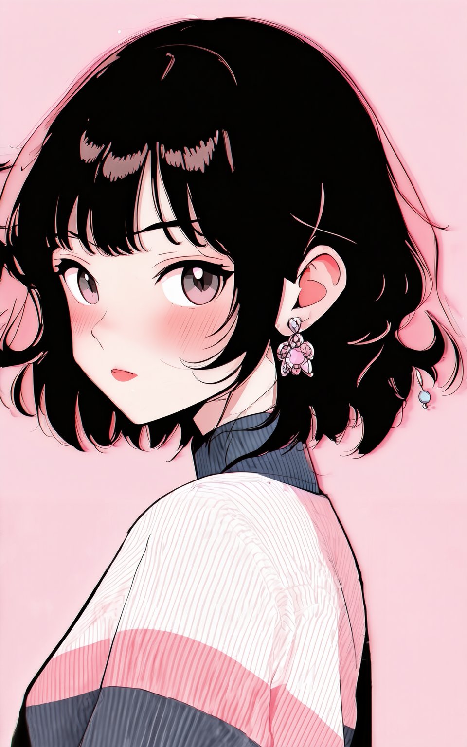 anime style, 1girl,looking at viewer,blush,short hair,bangs,black hair,jewelry,upper body,earrings,medium hair,from side,sweater,shadow,pink background,curly hair,pink theme