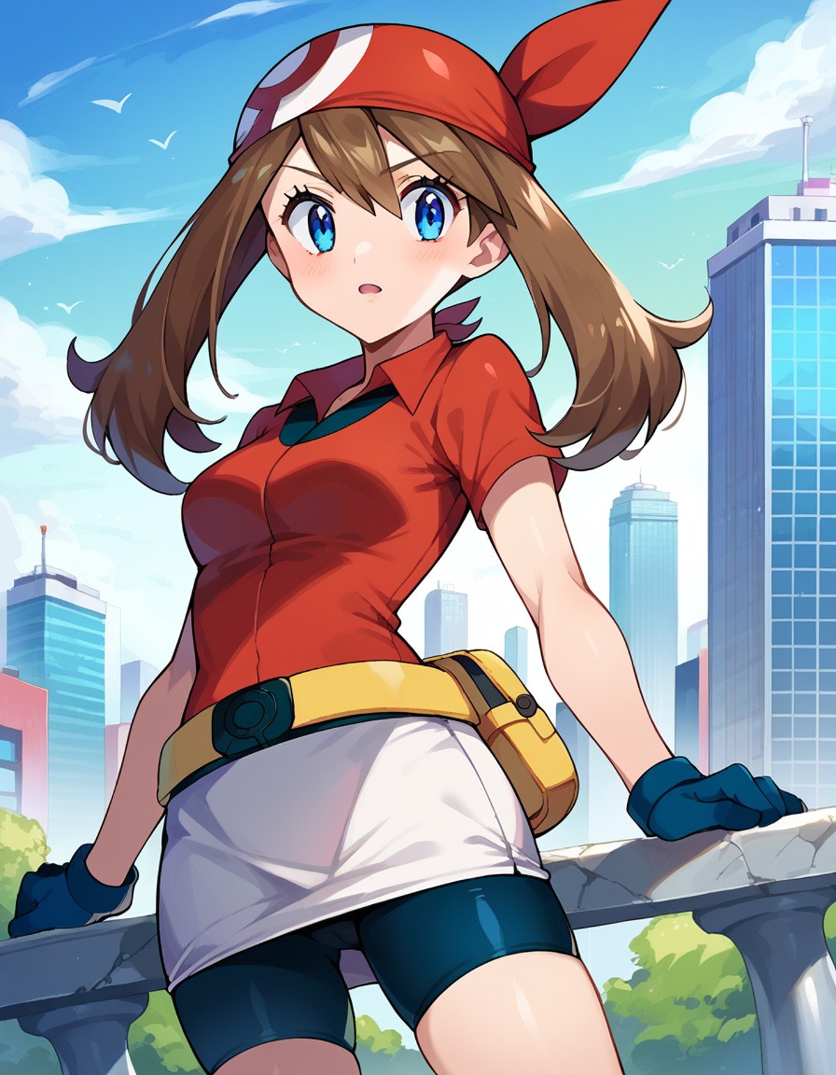 score_9, score_8_up, score_7_up, source_anime,pokemonmay, <lora:pokemon-may-ponyxl-lora-nochekaiser:1>pokemonmay, blue eyes, brown hair, bandana, long hair, red bandana, twintails, hair between eyes,bike shorts, collared shirt, gloves, microskirt, multicolored shirt, pencil skirt, red shirt, shirt, short sleeves, skirt, white skirt,outdoors, cityscape,looking at viewer, cowboy shot, dutch angle,