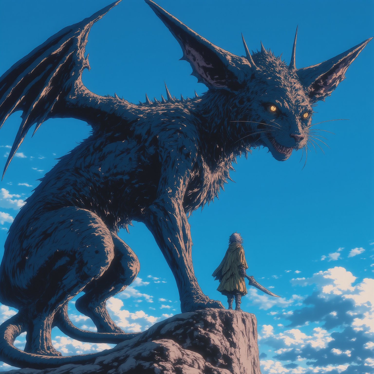 A colossal, dragon-like creature resembling a cat with one golden eye and one blue eye dominates the scene. It has large, bat-like wings and sharp spikes protruding from its body. Below it, a small, cloaked figure stands on a branch, facing the enormous creature with a sword in hand. The sky is bright blue with scattered clouds. <lora:NeonFantasyFLUX:1>, ne0nfant4sy