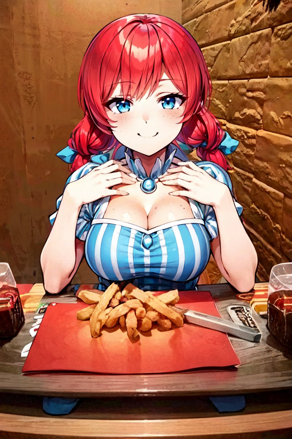 <lora:McDate_with_2D_Waifu:0.7>, McDate_with_2D_Waifu,  anime style, ((masterpiece,best quality)), highres, <lora:Wendy_Wendys:0.8>, wendy (wendys), red hair, blue eyes, blush,  bow, hair bow, sidelocks, smug, striped dress, solo, smile, looking at viewer, large breasts, hidden hands, <lora:more_details:0.5>, <lora:ricegnat_style:0.5>,