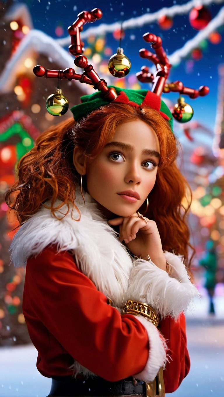 photograph, full body, wide shot, she is feeling lustful, she has (Natural Bio Mechanical arms and large legs:1.55) , (art by Pixar:1.1) , (Cyborg 46 Santa girl:1.3) , Druid, face is a combination of Vanessa Angel, Salma Hayek and Li Gong, wearing Diplomat christmas themed, she has Ginger hair styled as Side swept, she has a Feral Chain, Complex Fitness Tracker, shallow depth of field, Cold Lighting, Long exposure, Kodak UltraMax 400, 800mm lens, Technicolor, matte skin, detailed mystical face, detailed beautiful eyes, detailed eye pupils, complex electric christmas background, christmas