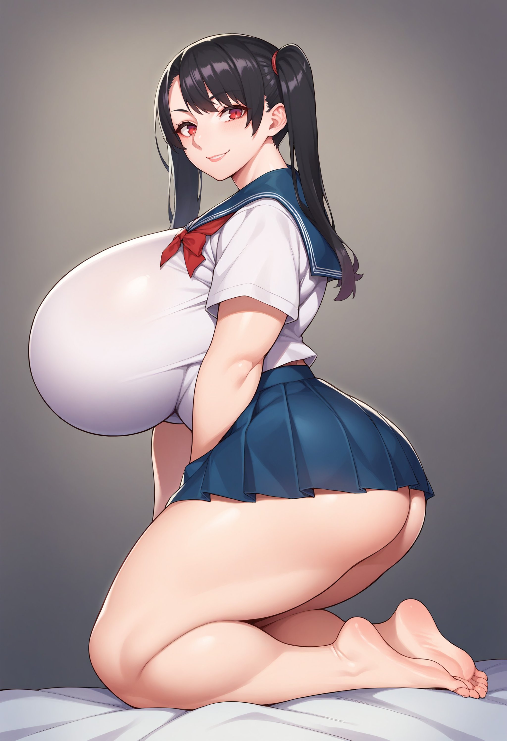 score_9, score_8_up, score_7_up, source_anime, 1girl,red eyes,smile, simple background, black hair, gigantic breasts, thick thighs, wide hips, school uniform, serafuku, smile, pleated skirt, kneeling, from behind, long hair, twintails, black ribbon. bubble butt, tight skirt, bare feet <lora:hidarikiki-Style-PonyXL-Dora-000007:1>