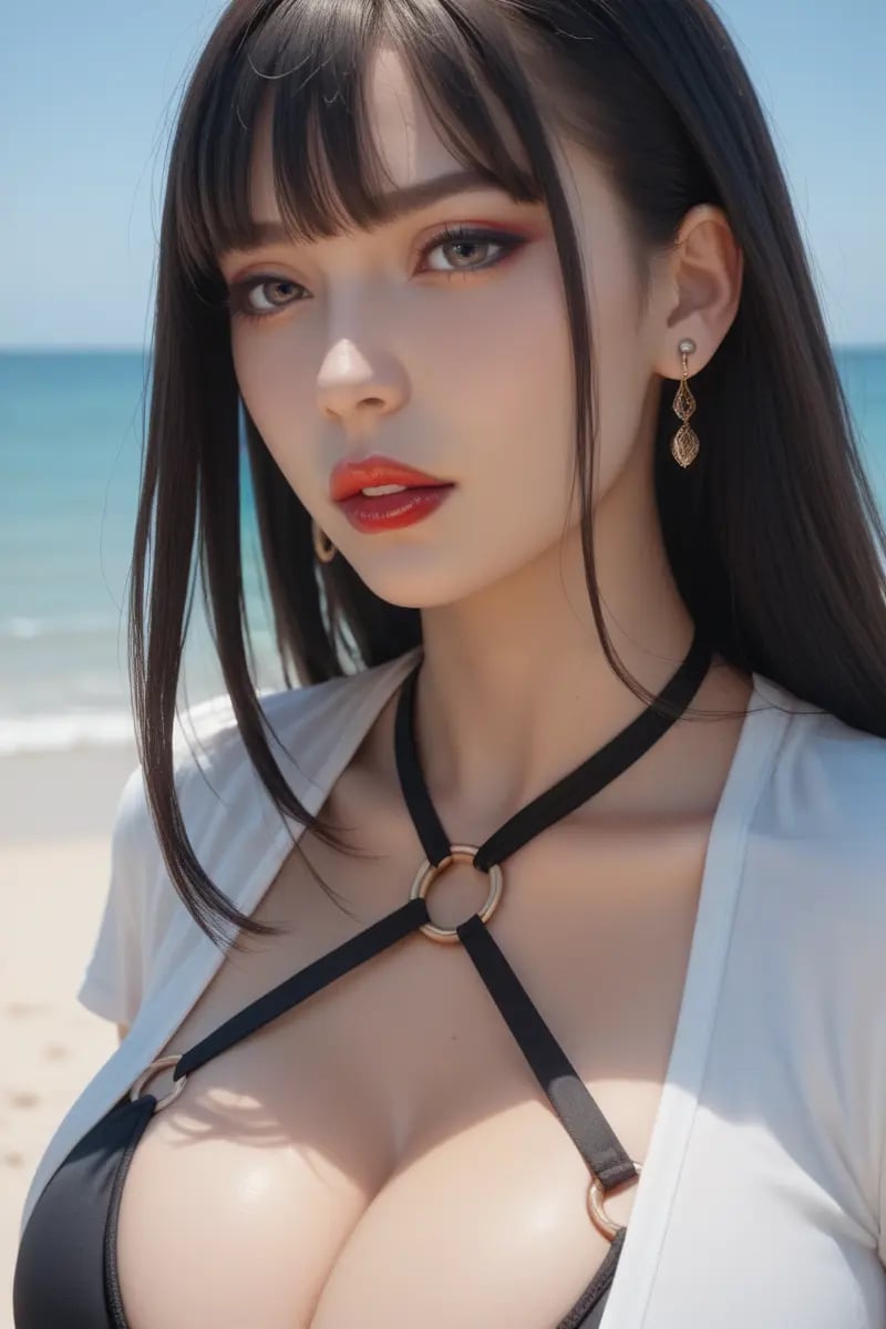 score_9, score_8_up, score_7_up,1girl, 20 years old girl, black long hair, bangs, makeup, red lips, earrings, huge breasts, bikini, o-rings, cleavage, wide hip, slim waist, choke, beach, seashore, pouty lips,close up face, t-shirt,