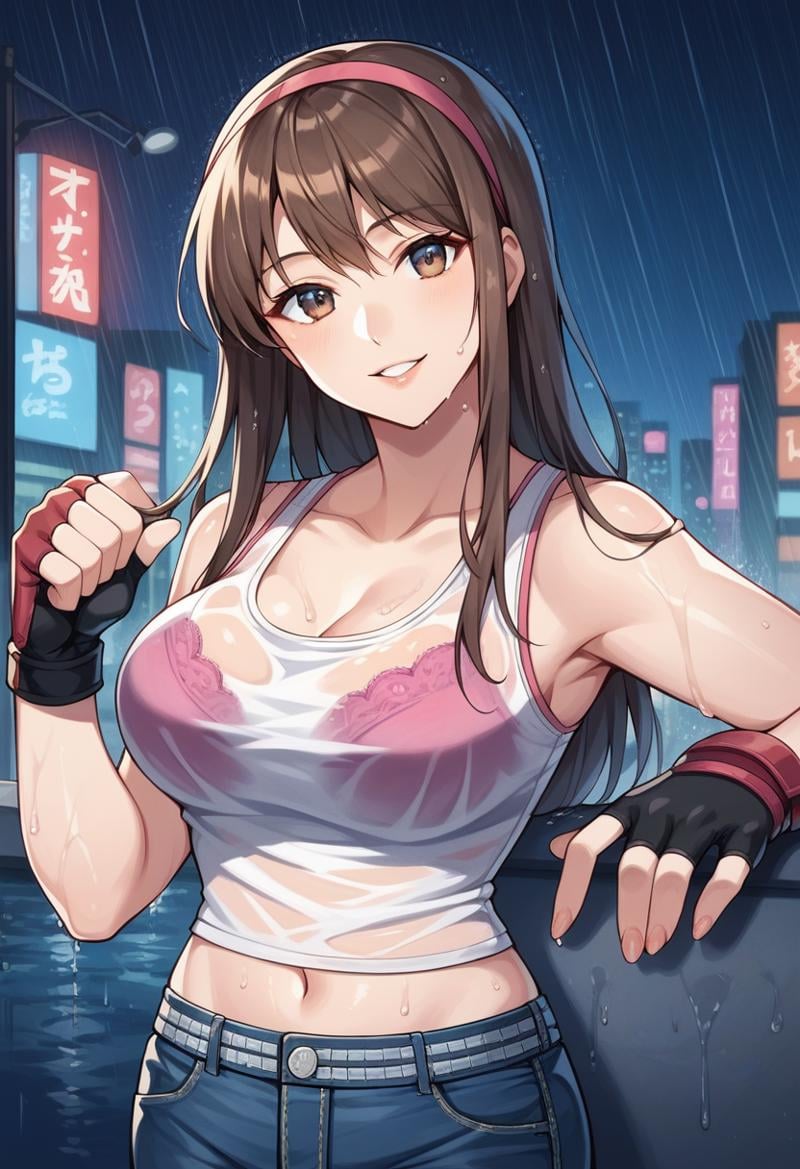 score_9, score_8_up, score_7_up, score_6_up, source_anime, BREAK masterpiece,  <lora:HitomiDOA:1>, HitomiDOA, brown hair, pink hairband, long hair, jeans, white tanktop, fingerless gloves, midriff, looking at viewer,  upper body, cityscape, street, night, rain, wet, smile, parted lips, see-through shirt, pink bra, wet shirt,  cowboy shot