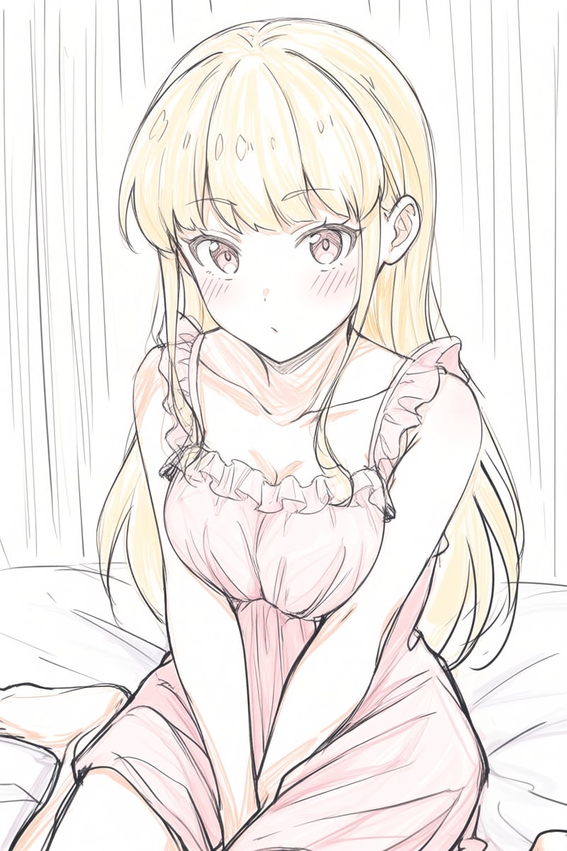 @ppst,  The lines of the drawing are loose and sketchy. The image depicts a young woman with long blonde hair sitting on w...