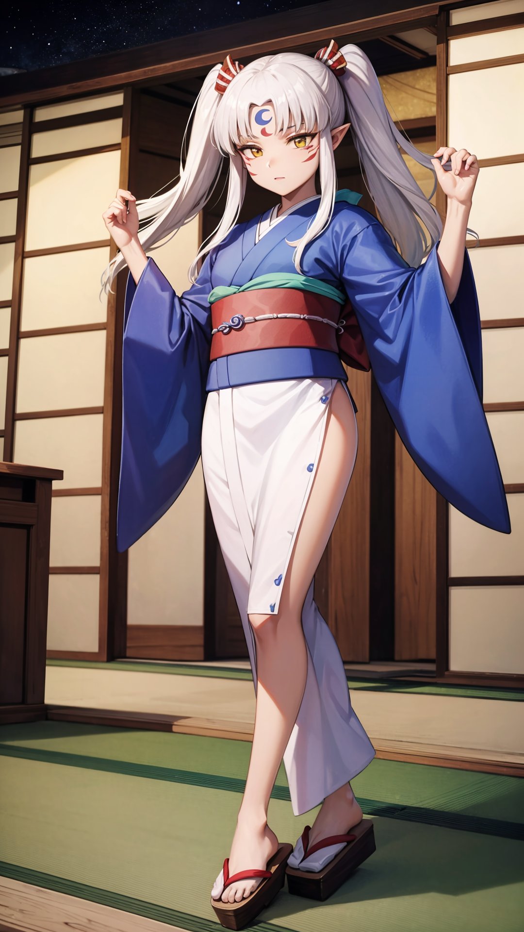 (masterpiece, best quality),ray tracing,absurdres, HDR,Sesshomaru imoto, 1girl, japanese clothes, solo, kimono, long hair, white hair, crescent, forehead mark, full body, facial mark, pointy ears, d, sash,fur,  two side up, fur, obi, yellow eyes, moon on the forehead, tabi, geta<lora:Sesshomaru imoto:0.7>