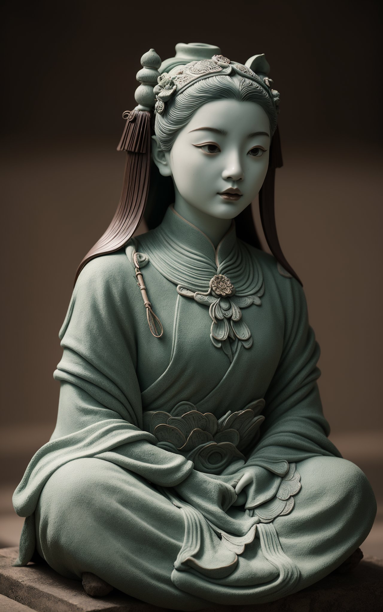 (masterpiece, top quality, best quality, official art, beautiful and aesthetic:1.2),cover art,illustration minimalism,background of stoneware and stone,dark background,zen,silence,fallen leaves,bleak,poignant,sculpture of girls in ancient chinese hanfu,chinese dragon sculpture,(sculpture:1.2),