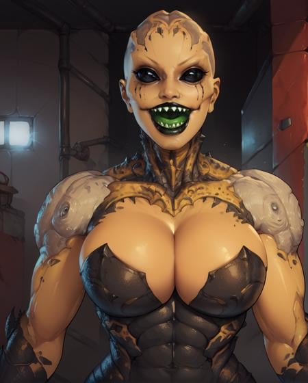 score_9,score_8_up,score_7_up,dvorah,black eyes,black sclera,facial mark,black lipstick,bald,cleavage,curvy,armored skin,open mouth,green tongue,sharp teeth,evil smile,underground, <lora:Dvorah:0.9>,solo,