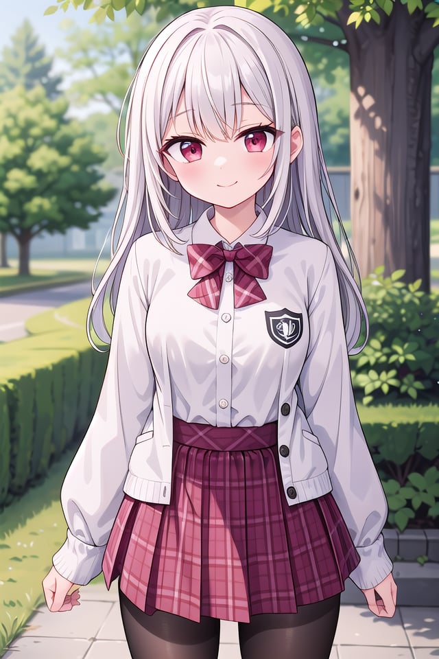 insanely detailed, absurdres, ultra-highres, ultra-detailed, best quality,1girl, solo, nice hands, perfect handsBREAK(School Uniforms:1.2), (pink cardigan is fit body:1.4), ((do up a buttons, not loose):1.5), ((long sleeve, sleeves past wrists):1.2), (inner wear is white collared-shirt:1.3), (red plaid-pattern bow:1.3), (red plaid-pattern pleated skirt:1.3), ((dark-brown pantyhose, loafers):1.2), (cleavage:-1.5)BREAKhappy smile, laugh, closed mouthBREAK(45 angle:-1.5), (from side:-1.5),standing, cowboy shot, looking at viewerBREAKslender, kawaii, perfect symmetrical face, ultra cute girl, ultra cute face, ultra detailed eyes, ultra detailed hair, ultra cute, ultra beautifulBREAKin forest, depth of field, ultra detailed backgroundBREAKmedium large breastsBREAK(grey hair, red eyes), spiked hair,