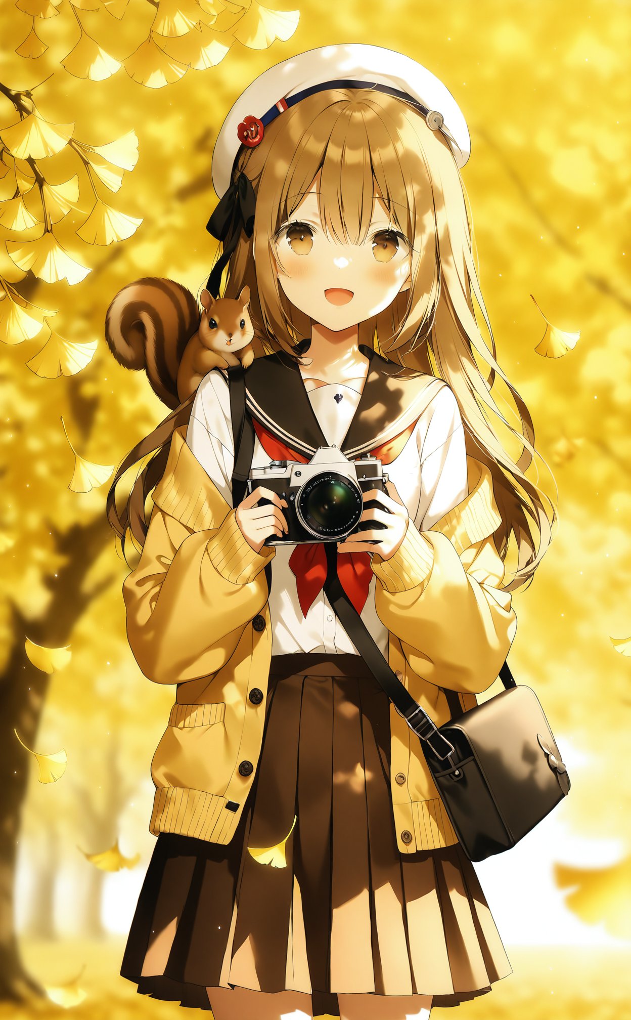 (masterpiece),(best quality),illustration,ultra detailed,hdr,Depth of field,(colorful),Artist weri,1girl,skirt,holding,smile,long hair,solo,bangs,hat,brown eyes,pleated skirt,camera,holding camera,long sleeves,school uniform,:d,black skirt,sailor collar,looking at viewer,serafuku,squirrel,blush,open mouth,bag,animal,beret,leaf,open clothes,shirt,autumn leaves,blurry,white shirt,brown hair,animal on shoulder,white headwear,ribbon,black bow,hair ribbon,black ribbon,blurry background,hair between eyes,bow,outdoors,cardigan,ginkgo leaf,autumn,puffy long sleeves,off shoulder,black sailor collar,cowboy shot,depth of field,open cardigan,standing,shoulder bag,