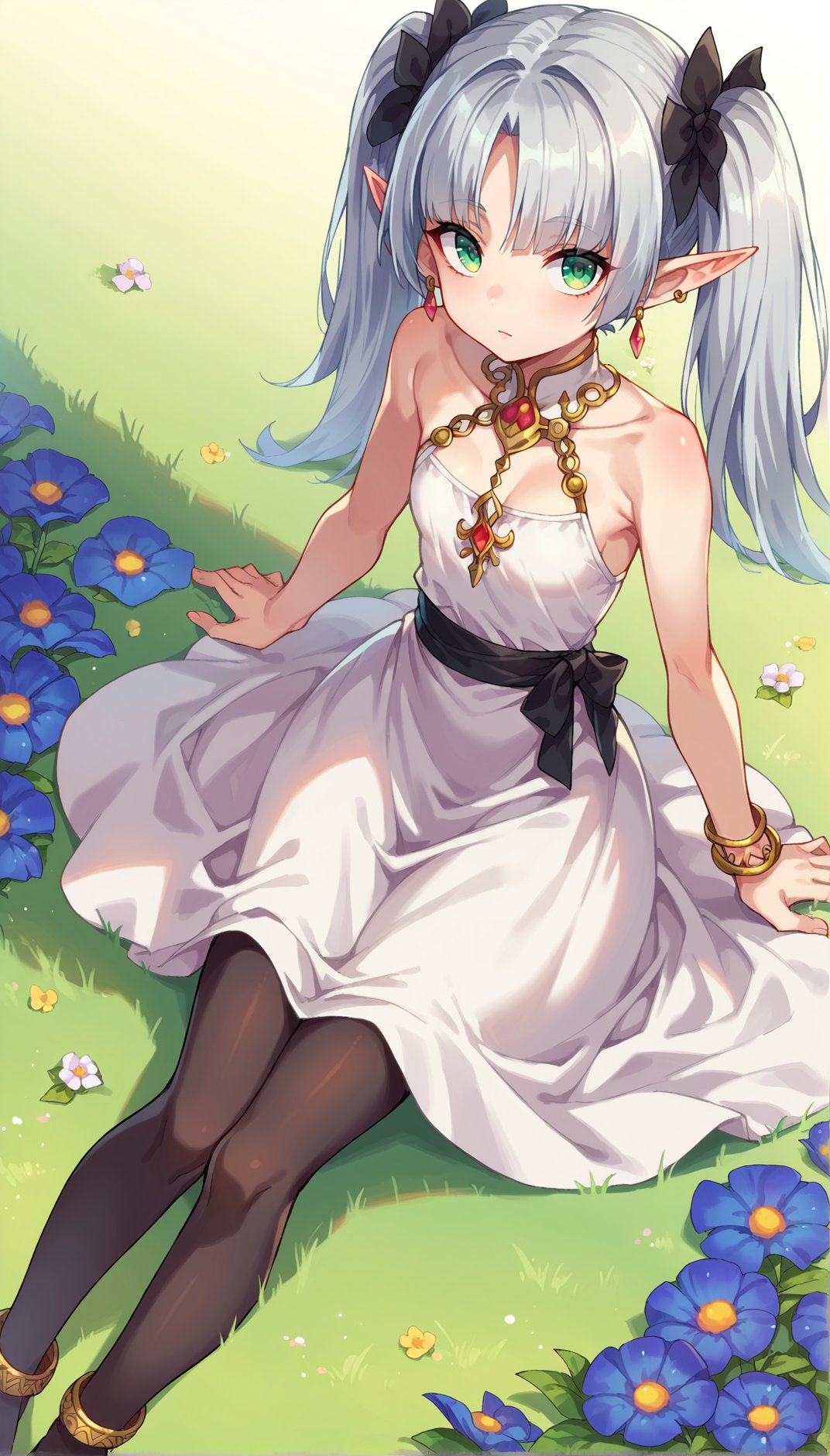 score_9, score_8_up, score_7_up, score_6_up, score_5_up, score_4_up, source anime, frieren, 1girl, elf, pointy ears, white dress, twilight, silver hair, twintails, pantyhose, earrings, green eyes, blue flowers, on grass, from above, wariza, looking at viewer, close-up, eye focus, sitting, flower anklet