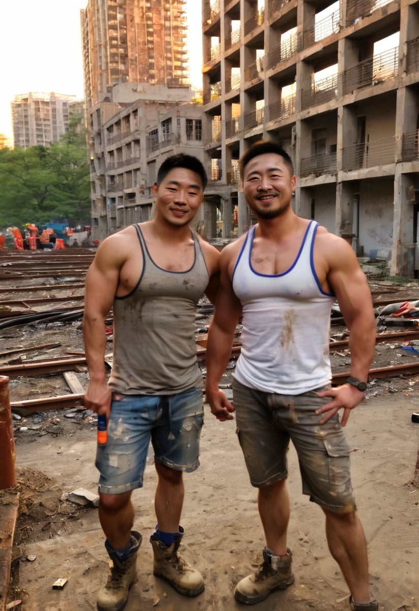 knee shot, two handsome Chinese construction workers walking towards viewer while holding beer bottle, hand on shoulder, welcoming smile, 35 y.o., brutish yet attractive face, facial hair, beefy, (mesh tank top), (bulging pecs:1.2), puffy nipples, pubic hair, (bulging crotch), thighs, (sweating:1.2), soft lighting, messy constuction site, reinforcement bars, abandoned buildings, muddy, equipment, tools, sunset, bokeh, erotic, atmospheric, bara, brutalism,