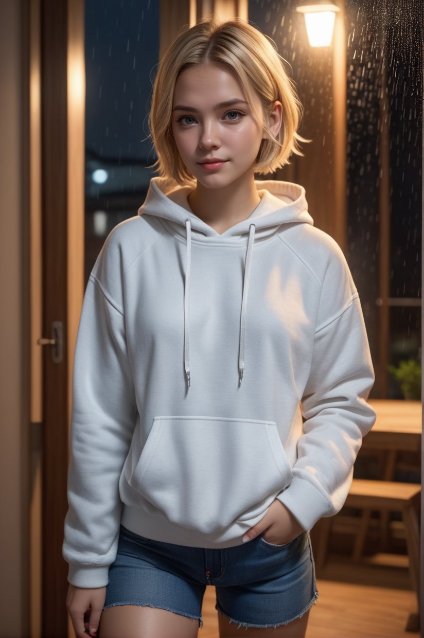 masterpiece, best quality, 8k, (looking at the viewer: 1.1), 1girl, short hair, (eye contact: 1.1), beautiful face, (detailed face: 1.2), hyper detailed, best quality, ultra high resolution, blonde hair , cozy house interior, photorealistic, high resolution, detailed , raw photo, 1girl, young petite, white hoodie, denim shorts, night, city lights, rain