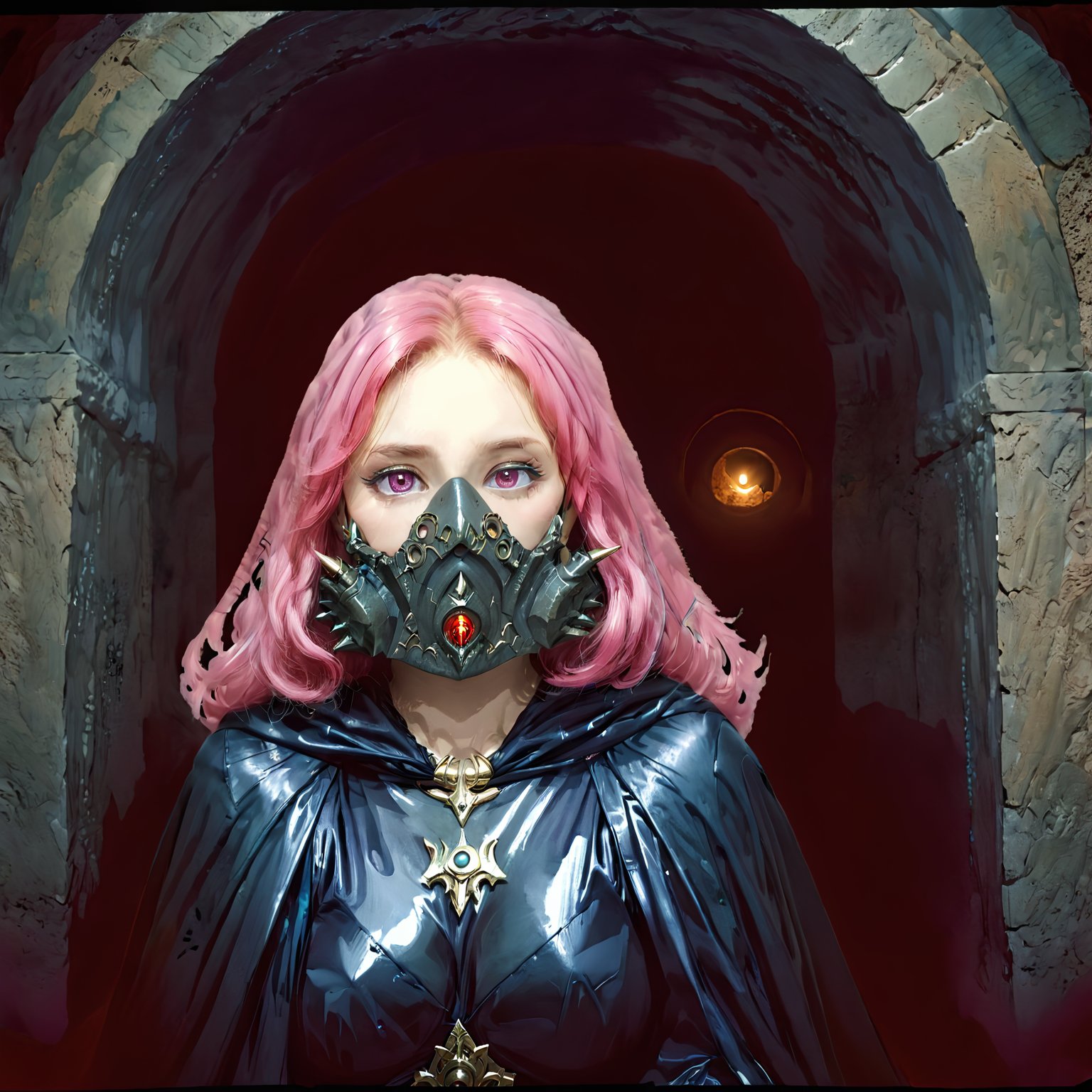 analog film photo high quality, cpfmask_xl-cmplx, solo, white eyes, pink hair, Ancient 1girl, cleavage, cloak, Ancient,close up, portrait, inside tomb, underground, looking at viewer, nighttime, <lora:cpfmask_xl:1.3>, nodf_xl, <lora:nodf_xl:0.4> . faded film, desaturated, 35mm photo, grainy, vignette, vintage, Kodachrome, Lomography, stained, highly detailed, found footage