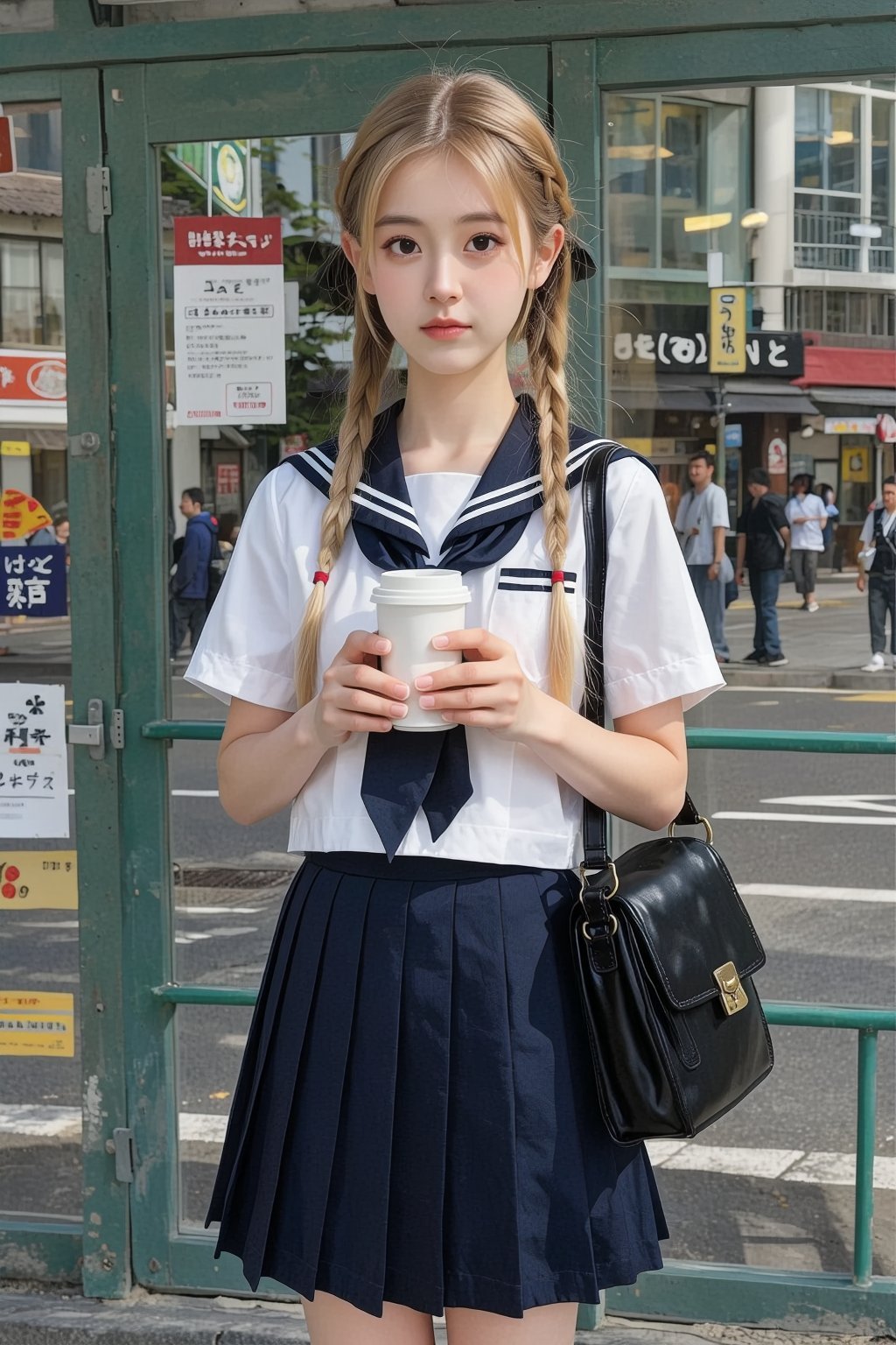a young woman standing in an urban setting,  likely in Japan,  based on the signage and cultural context. She has a light...
