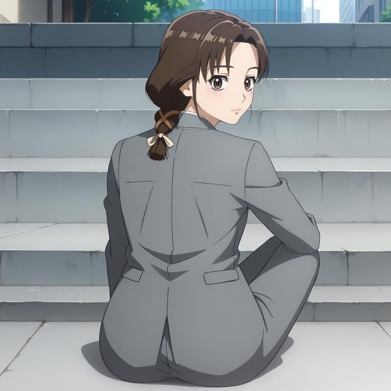 <lora:ISep4_TamakiMitamuraXLpony001>,looking at viewer,solo,TamakiMitamura,1girl,brown hair,braided ponytail,hair ribbon,brown eyes,mole under eye,business_suit,gray jacket,gray pants,outdoors,full body,sitting,looking back,