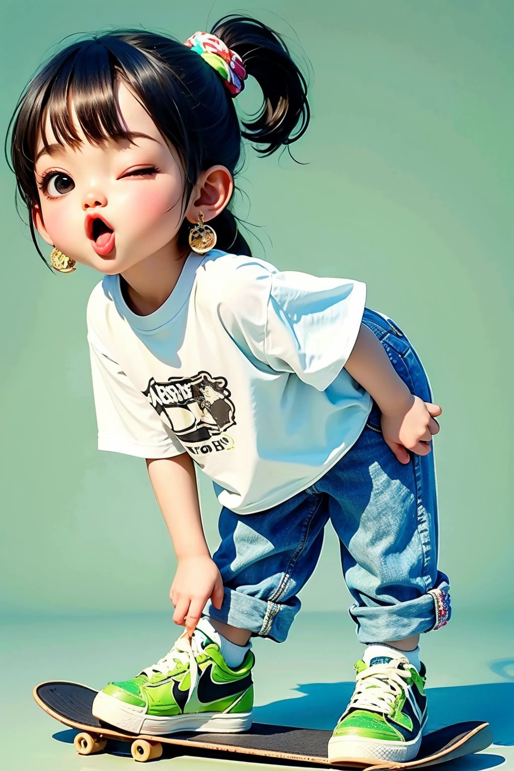 <lora:cka01:0.8>,cka01,1girl,solo,shirt,one eye closed,jewelry,earrings,shorts,ponytail,black hair,long hair,shoes,skateboard,black eyes,full body,scrunchie,socks,denim,short sleeves,child,bangs,simple background,t-shirt,green shirt,female child,standing,leaning forward,blue shorts,denim shorts,print shirt,sneakers,white socks,open mouth,, best quality, ultra-detailed, masterpiece, finely detail, highres, 8k wallpaper