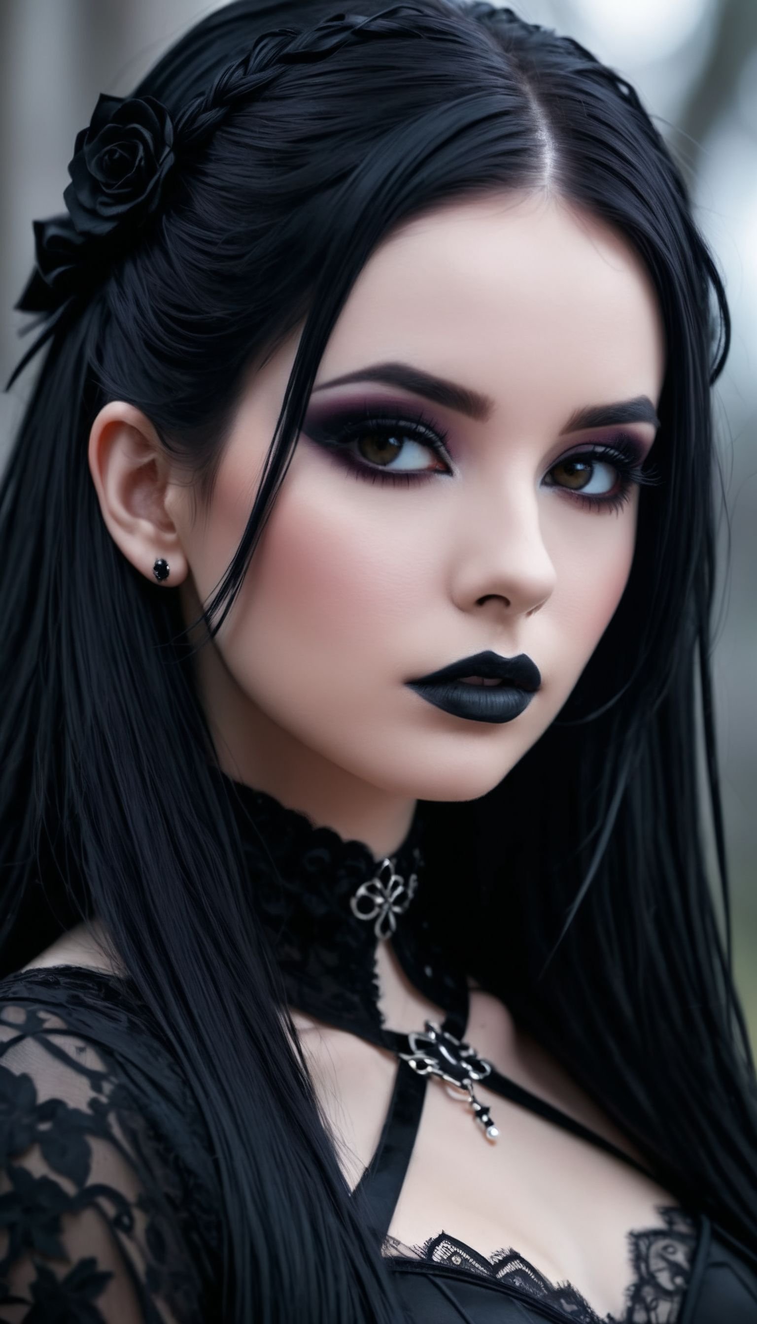 closeup portrait photo of beautiful goth woman, makeup, 8k uhd, high quality, dramatic, cinematic