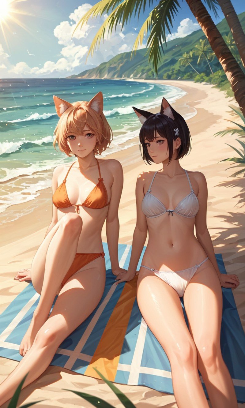 (masterpiece, best quality, very aesthetic, ultra detailed), score_9, score_8_up, score_7_up,  (2girls), animal ears, short hair, blush, sunlight, outdoors, on a beach,  detailed, intricate, absurdres,  <lora:绪儿XL 丝路流光﷿ XUER Silk Road glowing dress:0.7>