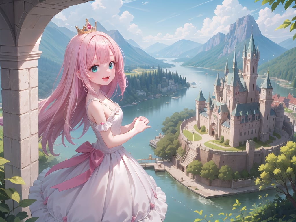 insanely detailed, absurdres, ultra-highres, ultra-detailed, best quality,1girl, solo, nice hands, perfect hands,BREAK,(wearing princess dress), teara,happy smile, laugh, open mouth,standing,from side, cowboy shot, looking at viewer,BREAK,slender, kawaii, perfect symmetrical face, ultra cute girl, ultra cute face, ultra detailed eyes, ultra detailed hair, ultra cute, ultra beautiful,BREAK,fantasy world, (castle in background, lake:1.3), (very wide, panorama view, sense of depth, magnificent view:1.3)BREAK,princess girl, pink hair, green eyes, medium breasts