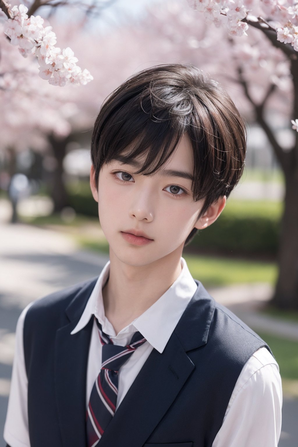 cherry_blossoms, falling_petals, solo,1boy,upper body, looking at viewer, school uniform,