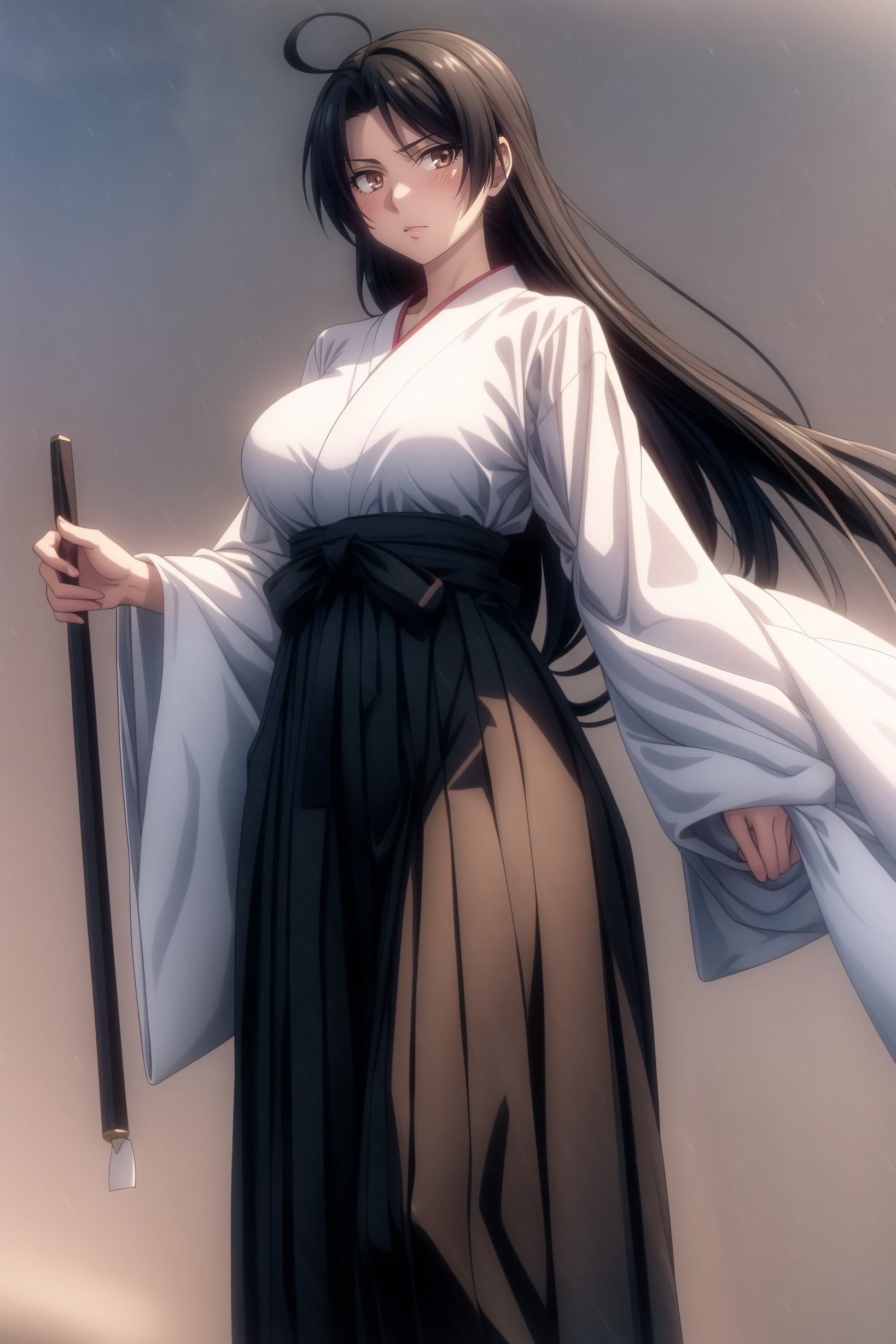 (masterpiece, best quality), <lora:Cal Shekar-lora-Faxtron:0.8> cal shekar, brown eyes, black hair, long hair, large breasts, hadanugi dousa, long sleeves, black hakama, <lora:add_detail:0.8>