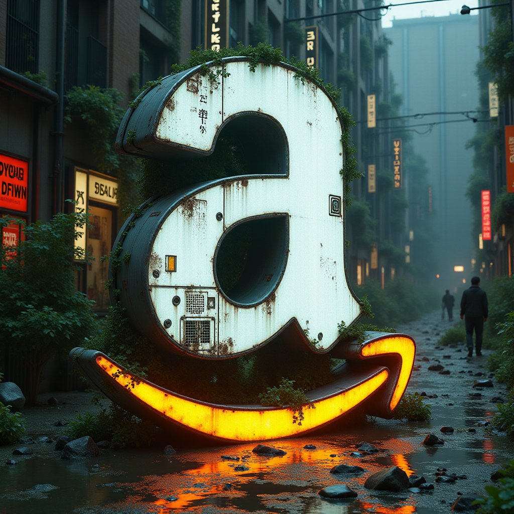 Modern Dystopian art featuring  a discarded nostalgic Amazon logo idol , strategic layering,digital 3D rendering , <lora:DystopianFluxV1C:1>