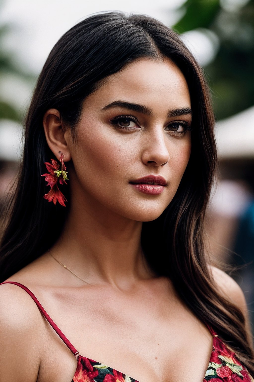 MonicaB_SoloTI_v1,  (In a vibrant tropical dress,  with a hibiscus flower in her hair by Solo on Tensor.Art