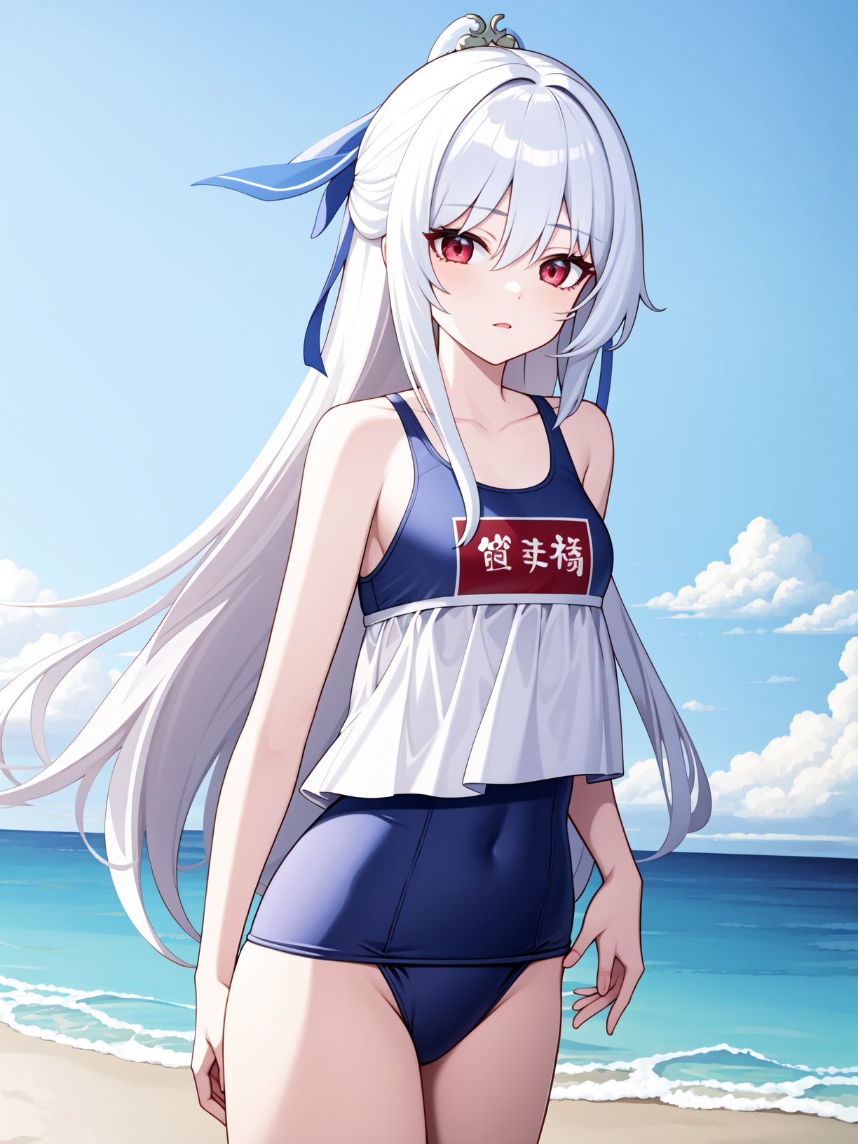 <lora:jingliu-000010:0.75>,jingliu,1girl,solo,long hair,red eyes,bangs,white hair,very long hair,school uniform,beach,school swimsuit,, 1girl,,  (masterpiece,best quality:1.2),absurdres