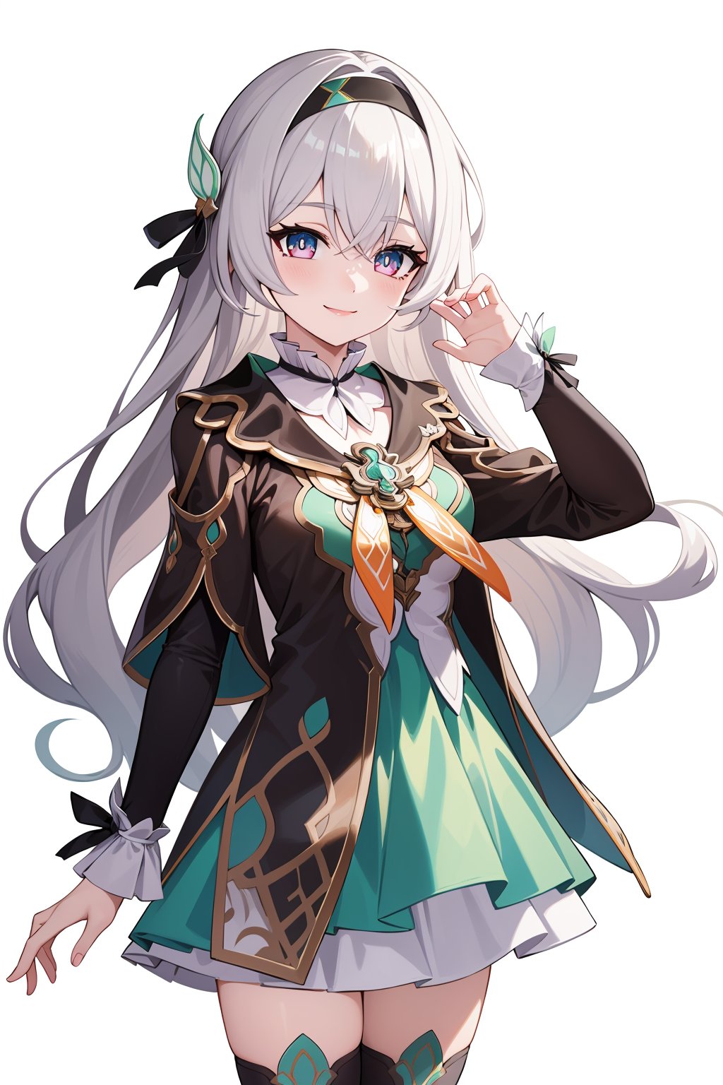 1girl,smile,<lora:流萤v36adaw:0.9:lbw=char>,liuying,grey hair,bangs,long sleeves,hair ornament,black jacket,black hairband,high quality,green dress,thighhighs,, (masterpiece,best quality:1.2),absurdres, high quality,