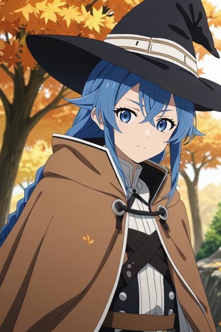 score_9, score_8_up, score_7_up, source_anime, rating_safe, , anime screencap, , , , , roxy migurdia, bangs, black headwear, blue eyes, blue hair, braid, brown cape, cape, hair between eyes, witch hat, long hair, solo, wide angle, wide shot, cowboy shot, trees, autumn, leaves, dark, breast rest, :\3, <lora:mushoku_tensei_style_pony:0.76>, mushoku_tensei_style, <lora:sdxl_lightning_8step_lora:1>