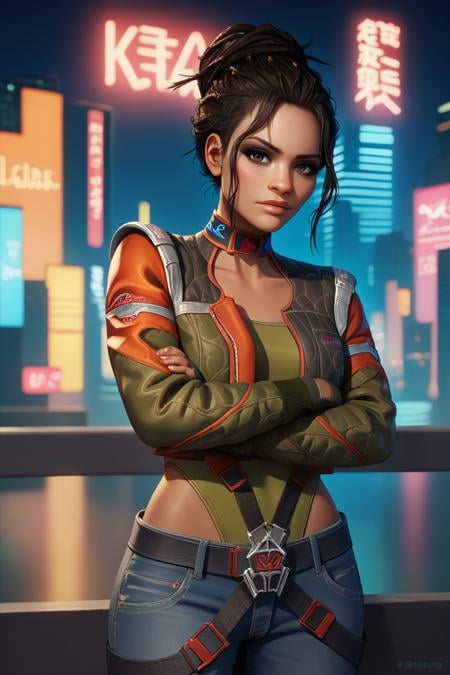 score_9, score_8_up, score_7_up, BREAK, 1girl, solo,  <lora:panampalmer-guy-PONYv1:1>, panampalmer, dark skin, single hair bun, choker, fingerless gloves, cropped jacket, jeans, leotard, belt, city, cyberpunk, neon lights, night sky, night, depth of field, looking at viewer, crossed arms, head tilt, 