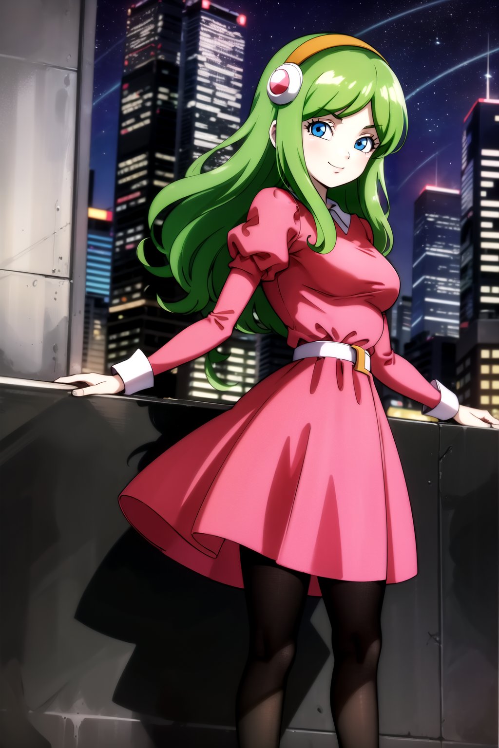 masterpiece, detailed face, 1girl, Brianne_de_Chateau, solo, long hair, looking at viewer, smile, bangs, blue eyes, hairband, green hair, dress, closed mouth, standing, pantyhose, outdoors, sky, puffy sleeves, belt, black pantyhose, night, juliet sleeves, building, star \(sky\), pink dress, night sky, starry sky, city, retro artstyle, cityscape, skyscraper<lora:Brianne de Chateau v2-000007:0.7>