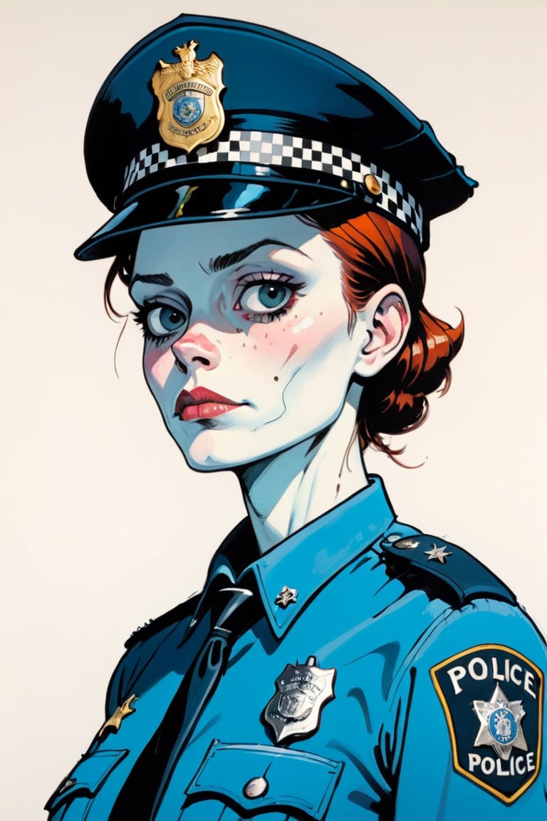 Woman with elongated neck and extremely defined cheek bones working as a police woman by jamie hewlett and genieve figgis 