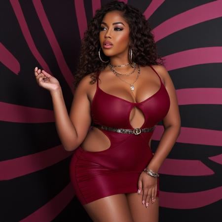 sheer material with a plunging neckline and cutouts., curly hair styled in loose waves cascading over her shoulders. She is wearing a form-fitting, deep red color and features a halter neckline with a keyhole cutout at the neckline that adds an edgy, circular pink and black patterns on a dark background. The woman is a plus-size woman with long, The image is a photograph of a woman standing in a luxurious bathroom setting, The image is a high-resolution photograph of a woman standing against a plain white background. She is wearing a provocative, metallic belt.