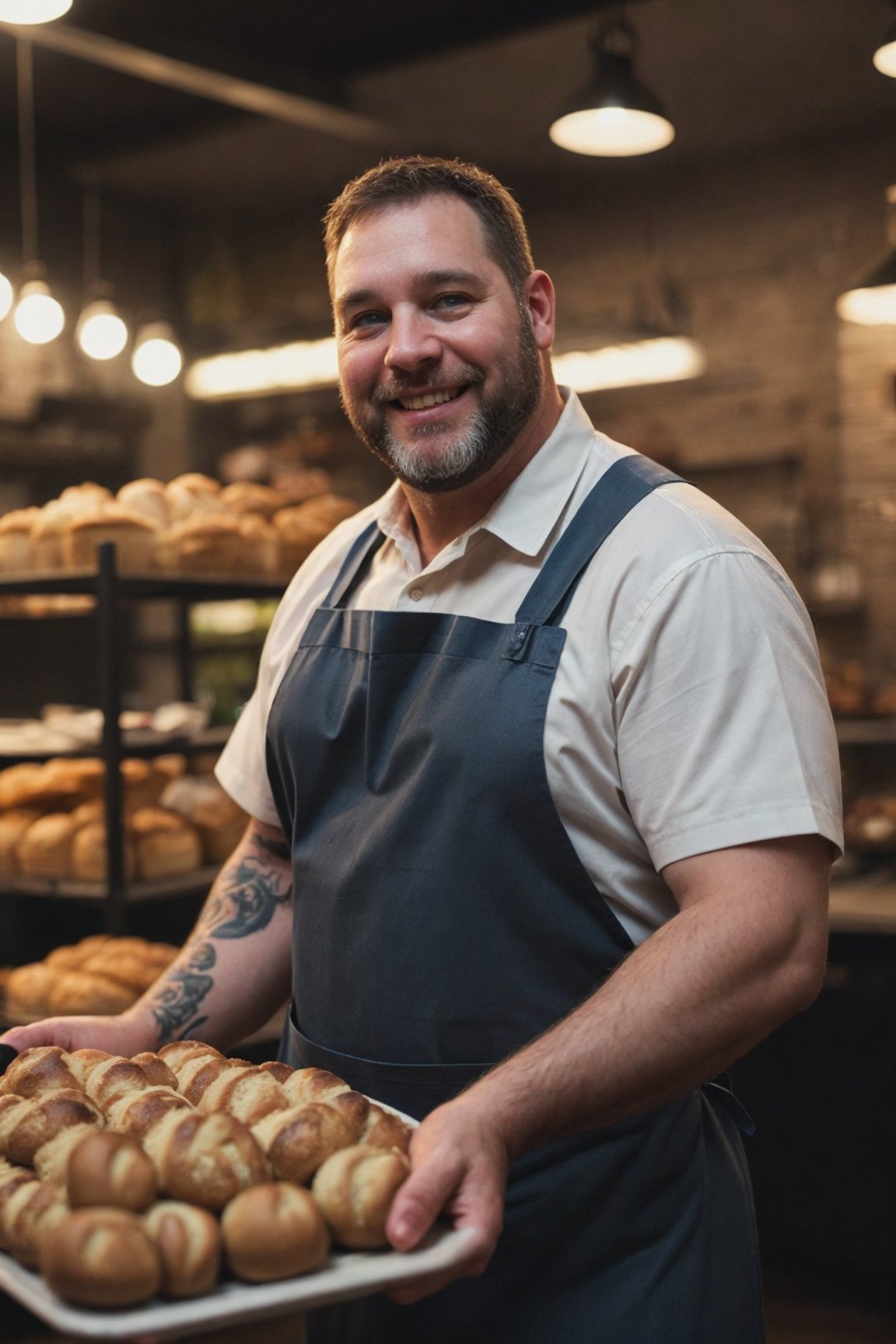 <lora:euphoriaStyleV19:0.5> cinematic film still, reflections, dreamy, soft focus, 1man, (45yo), (large, hairy overweight rugged man, middle aged, wearing an apron, working as a baker, tattoos). Wearing a hairnet and a friendly smile, short beard, he expertly crafts rows of fresh loaves of bread. His charm and natural charisma never falter, even as he balances trays of rolls and buns. His friends and family love to drop by for a sweet treat, just to catch a glimpse of their local celebrity baker. RAW photo, detailed photo, gorgeous, shallow depth of field, bokeh, (surreal:0.4), hyper detailed photorealistic life-like accurate proportional 8k sharp focus, (accurate cinematic lighting), photorealistic detail, (selective focus:0.6)