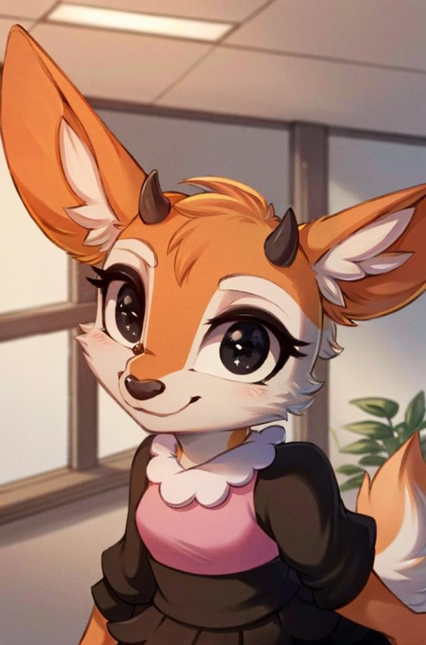 1girl, (anthro furry:1.2), TsunodaCzar, (two-toned fur, orange fur, black eyes, deer ears, horns, snout), (pink blouse, black skirt, smiling), (interior, office), (masterpiece:1.2), hires, ultra-high resolution, 8K, high quality, (sharp focus:1.2), clean, crisp, cinematic, <lora:Tsunoda-10:1>