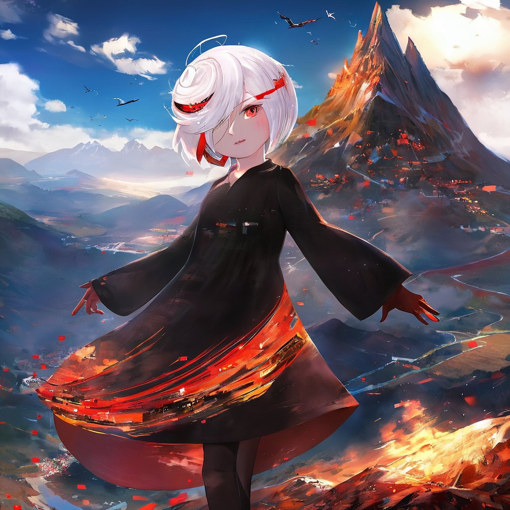 1girl, sageai, portrait, standing, long sleeves, black dress, white hair, mountain <lora:SageAI-XL:1>