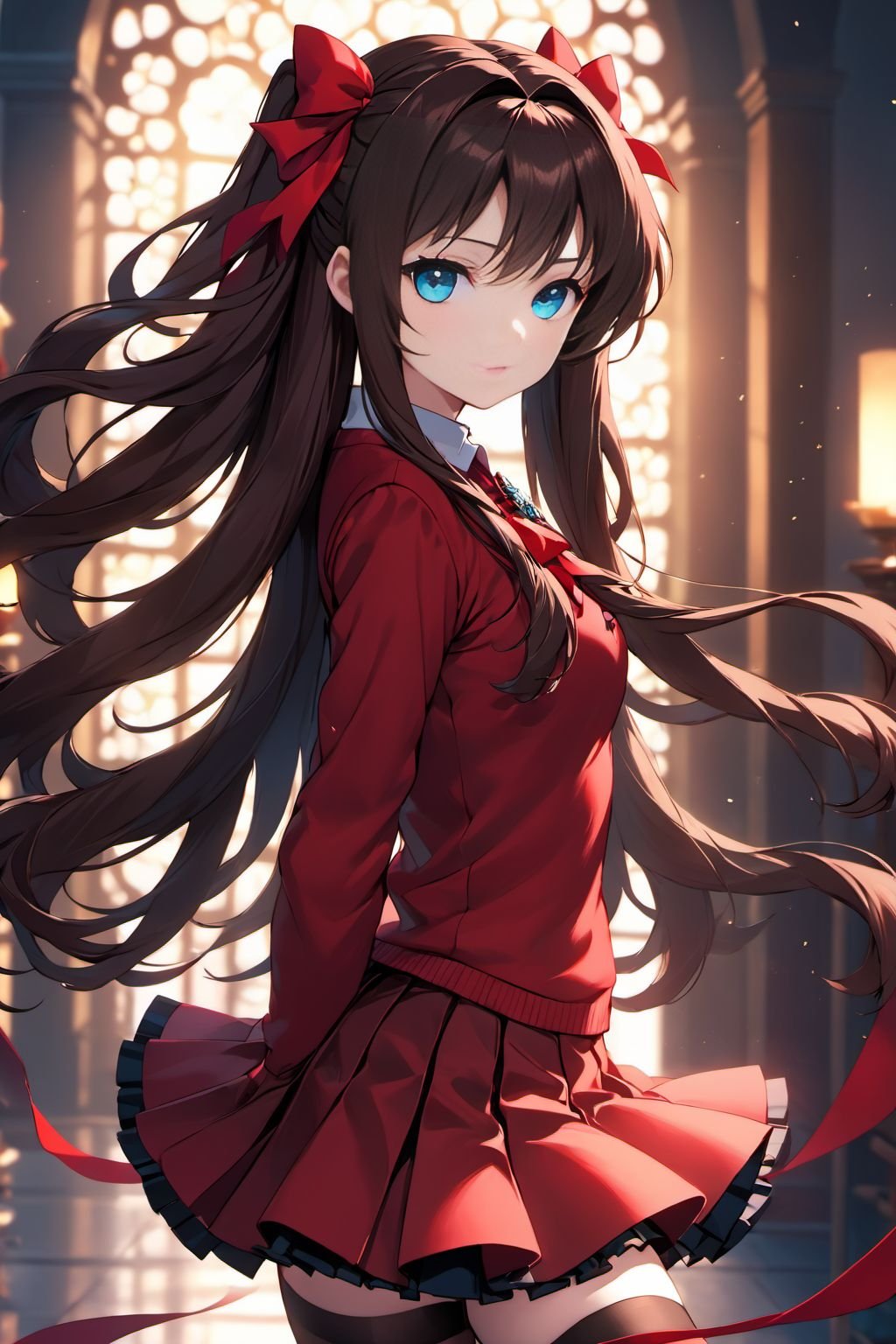 masterpiece,best quality,cinematic,dynamic lighting,blurry background,Rin Tohsaka,1gir,tohsaka rin,solo,long hair,brown hair,black thighhighs,blue eyes,pleated skirt,two side up,red hair ribbon,red sweater,parted bangs,jewelry,(full body:1.1),