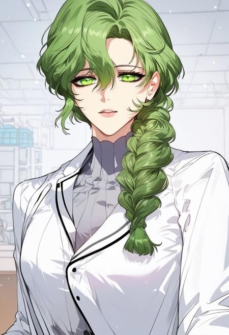 highly detailed, masterpiece, score_9,score_8_up,score_7_up, (manhwa artstyle), 1girl, AlchemistMaster, light green eyes, green hair, long hair, single braid hair, looking at viewer, classes, alchemist uniform, lab room,