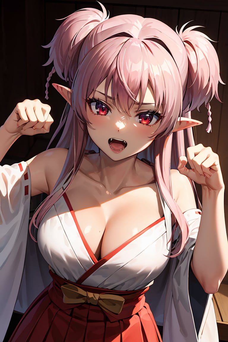 masterpiece, best quality, highres, ultra-detailed, (perfect face, detailed face), <lora:Twiska:0.8>, twiska, long hair, two side up, pointy ears, fangs, paw pose, medium breasts, miko, cleavage, collarbone, hakama skirt,