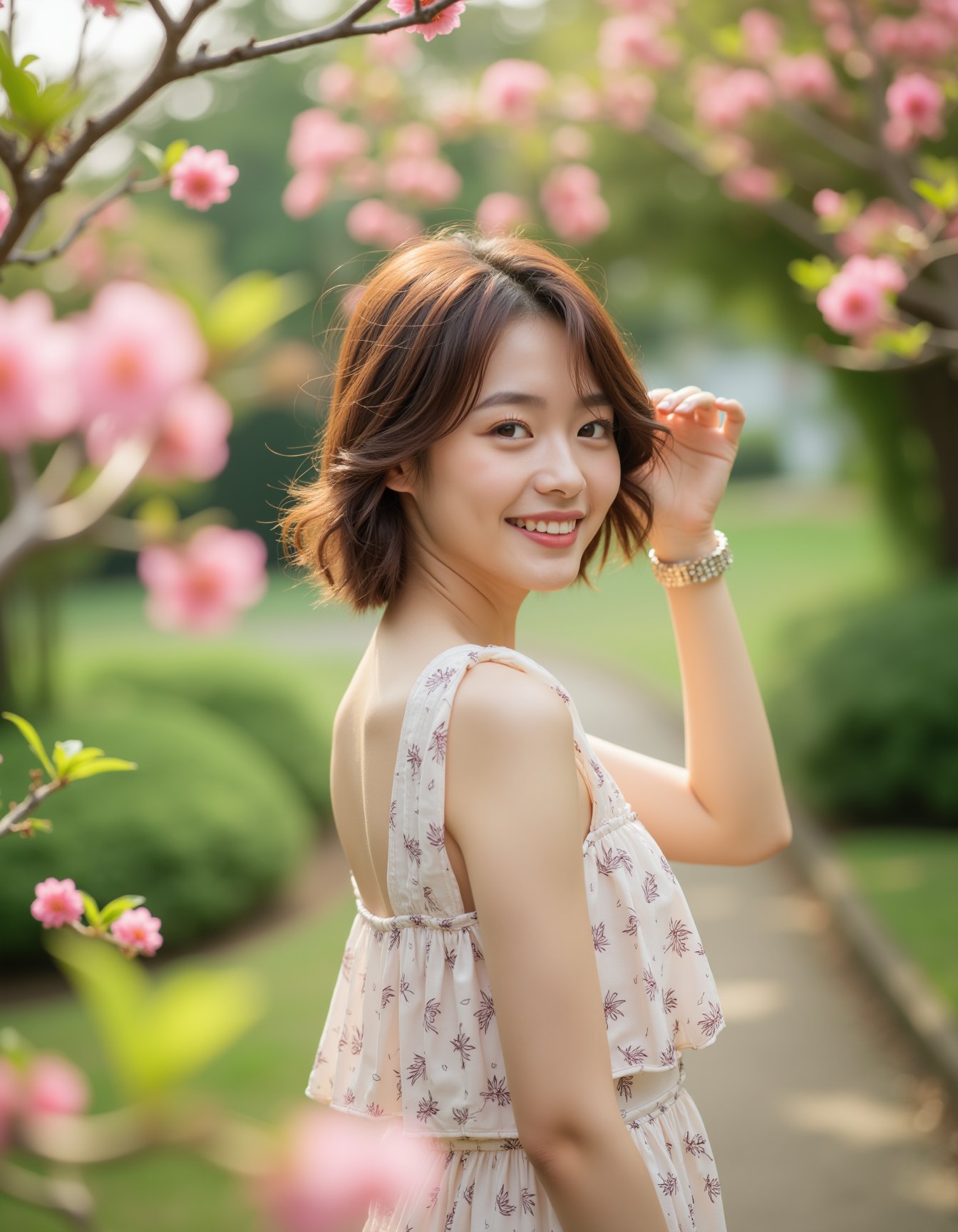 A high-quality photograph of a young woman standing in a vibrant garden, smiling brightly. She has short, wavy brown hair that catches the light, and she is wearing a light-colored, flowing dress with a subtle floral pattern. Her right hand is gently lifted to touch her hair, revealing a delicate wristwatch that adds a touch of elegance to her look. The soft lighting enhances the dreamy quality of the scene, while the sharp focus on the woman emphasizes her joyful expression and graceful pose. The overall mood is one of relaxation and happiness, with the vibrant garden and her radiant smile perfectly capturing the essence of a peaceful, carefree moment. The backdrop is filled with lush greenery and vibrant cherry bloom flowers that frame the scene beautifully, creating a romantic and serene atmosphere, <lora:hinaFluxAsianMixLora_v2-rev4:0.8>